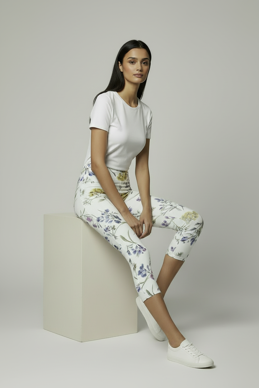 oolu™ Floral Garden Capri women's floral capri, Ivory, seated casual pose G#color_ivory