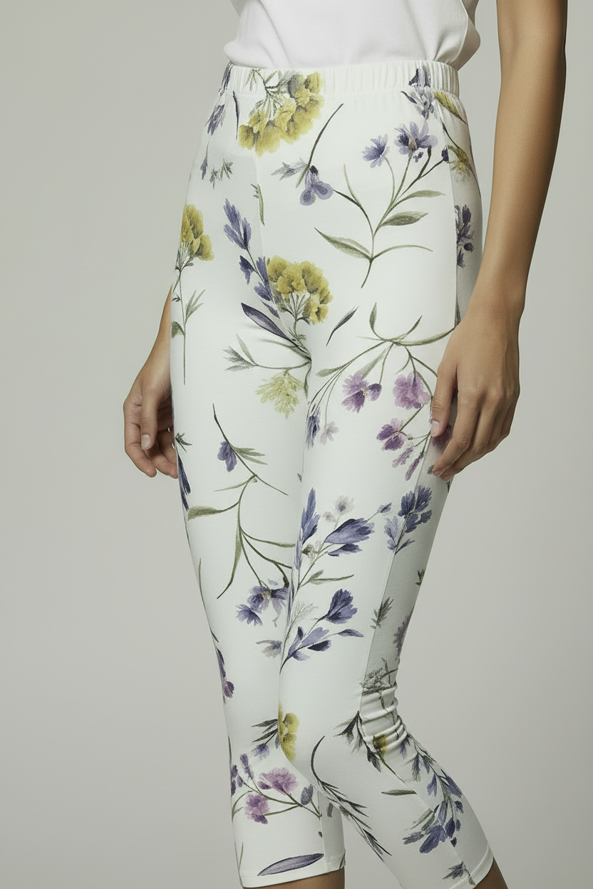 oolu™ Floral Garden Capri women's floral capri, Ivory, close-up waistband and tummy hip area E#color_ivory