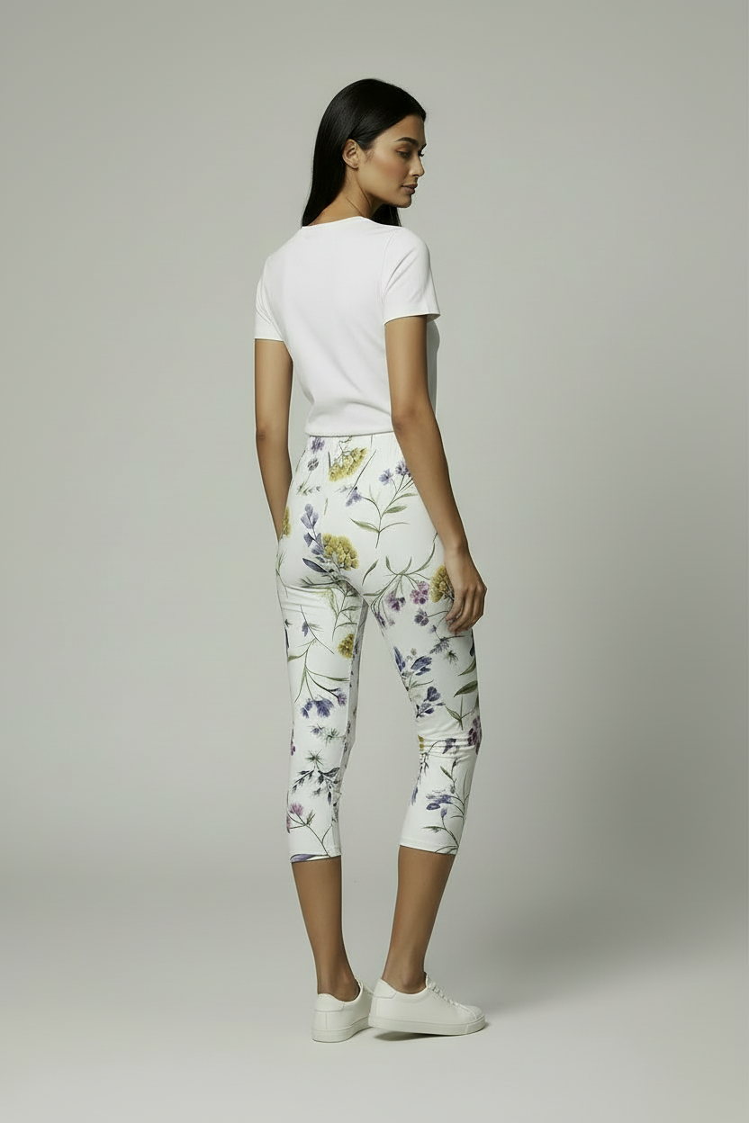 oolu™ Floral Garden Capri women's floral capri, Ivory, back 3/4 view full-length C#color_ivory