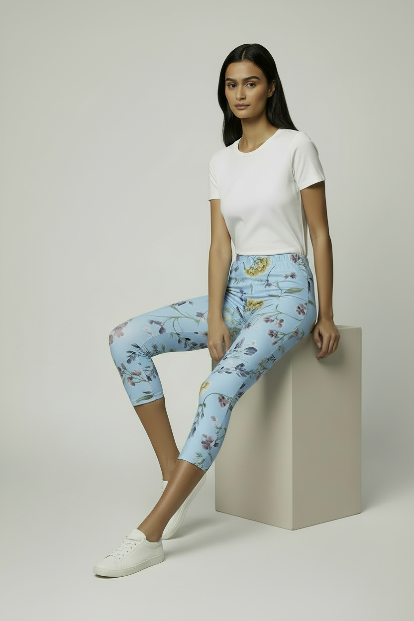 oolu™ Floral Garden Capri women's floral capri, PowderBlue, seated casual pose G#color_powderblue
