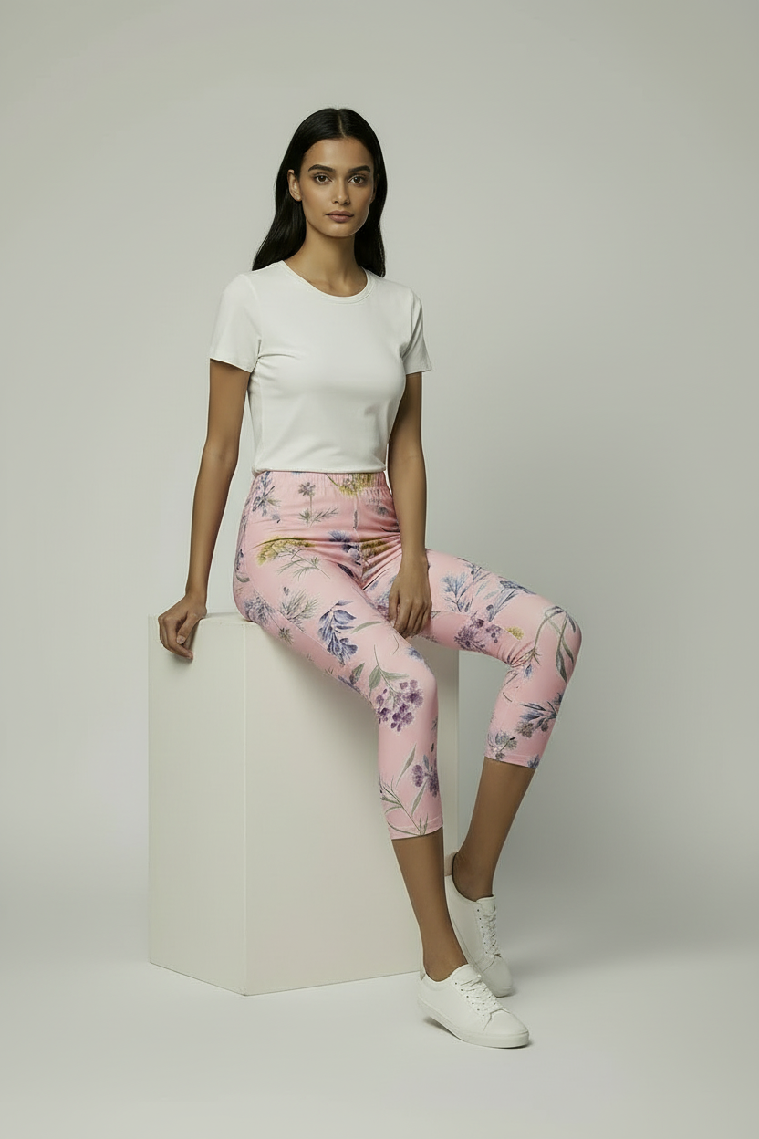 oolu™ Floral Garden Capri women's floral capri, LightPink, seated casual pose G#color_lightpink