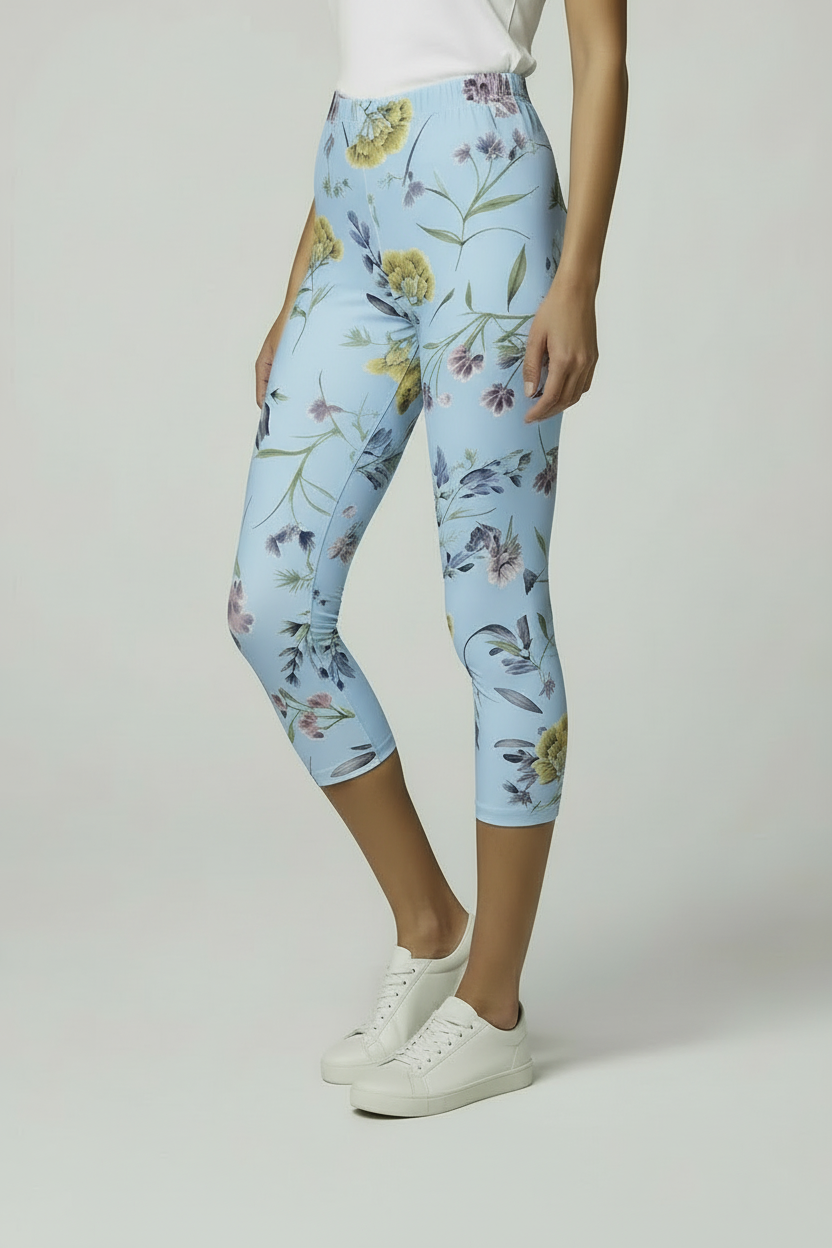 oolu™ Floral Garden Capri women's floral capri, PowderBlue, close-up lower leg ankle and floral print detail F#color_powderblue