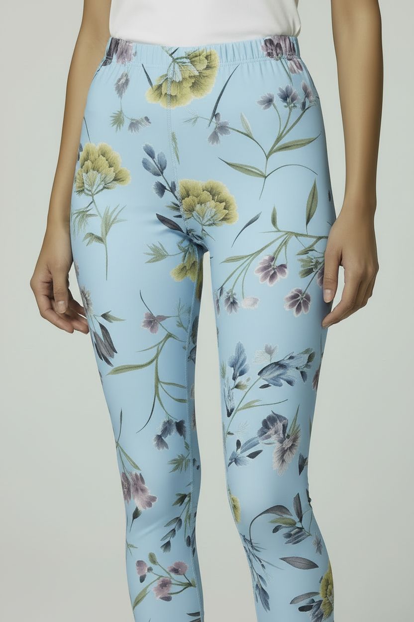 oolu™ Floral Garden Capri women's floral capri, PowderBlue, close-up waistband and tummy hip area E#color_powderblue