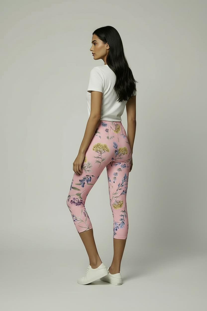 oolu™ Floral Garden Capri women's floral capri, LightPink, back 3/4 view full-length C#color_lightpink