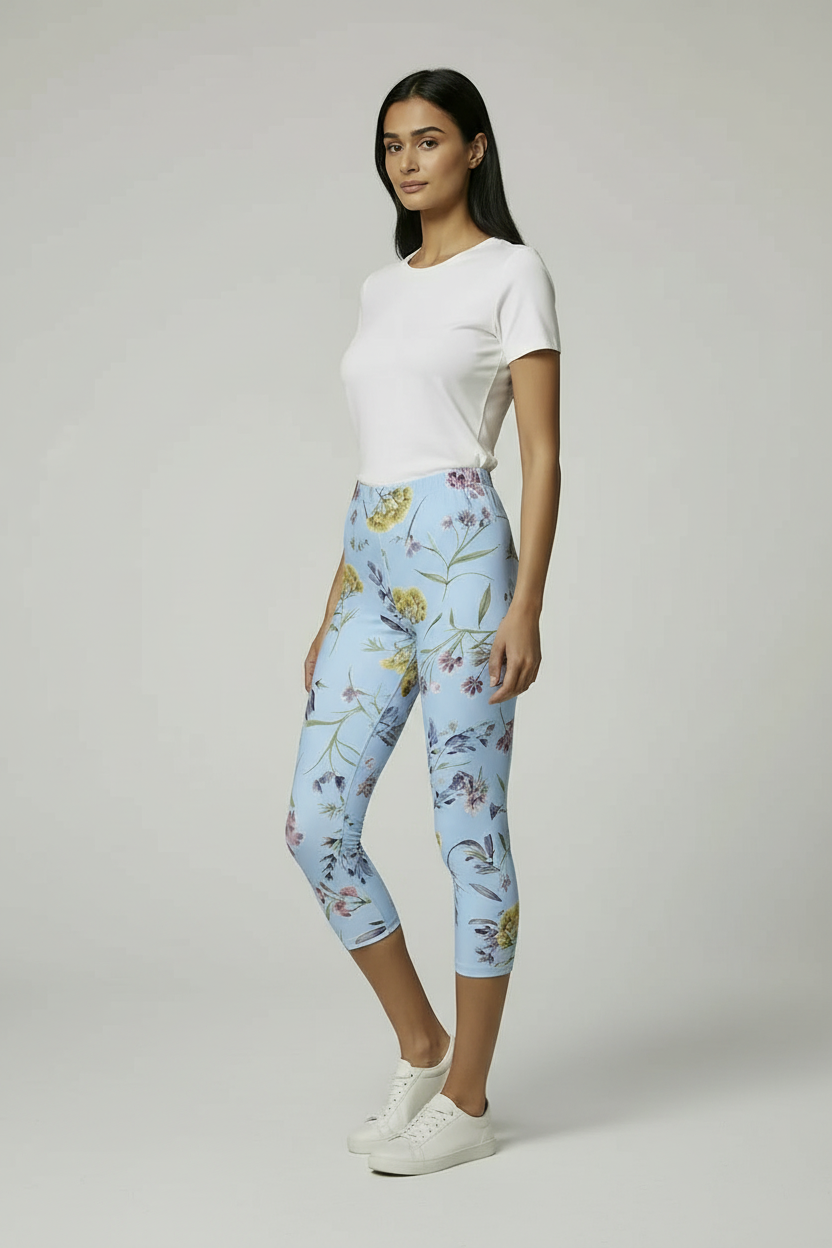 oolu™ Floral Garden Capri women's floral capri, PowderBlue, 3/4 angle hero full-length A#color_powderblue