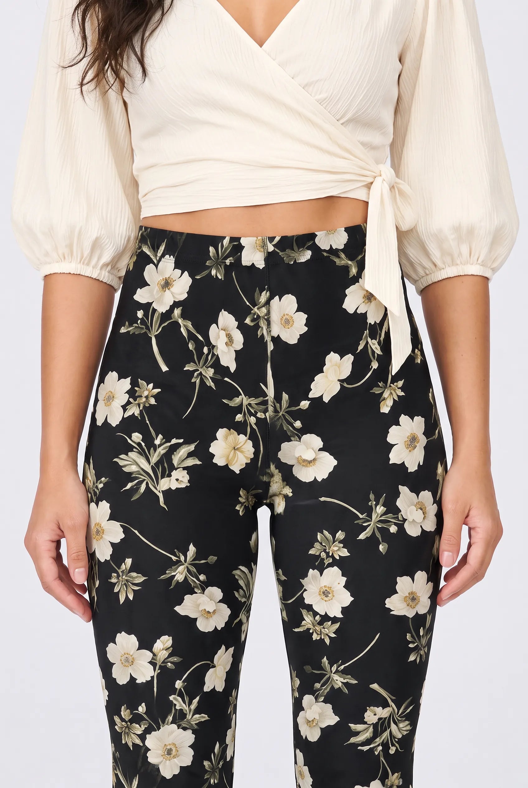Botanical Noir Leggings in Ivory Vine — front waistband and upper-fit detail #print_ivory-vine
