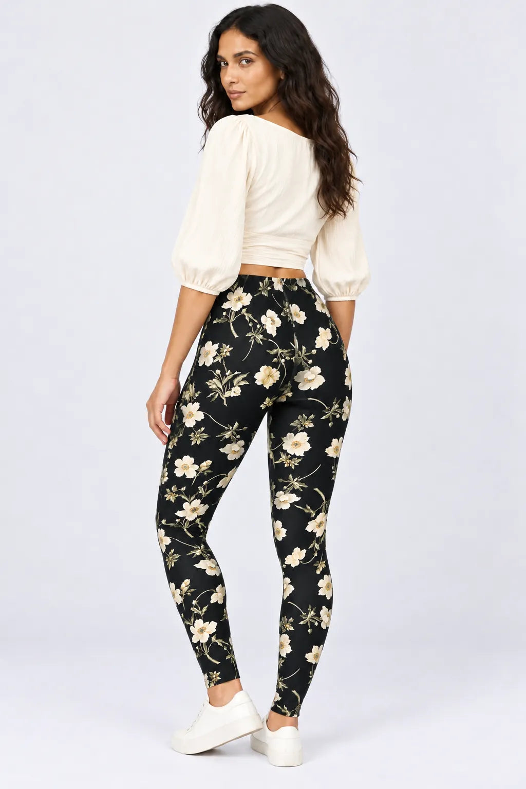 Botanical Noir Leggings in Ivory Vine — full-length rear view #print_ivory-vine