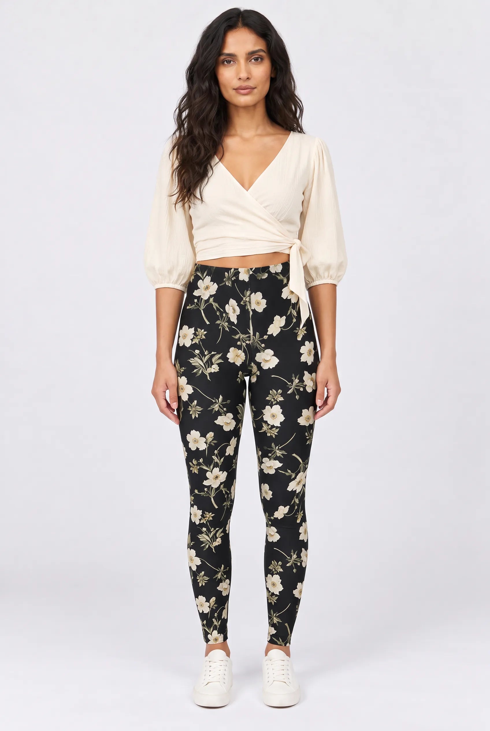 Botanical Noir Leggings in Ivory Vine — full-length front view #print_ivory-vine