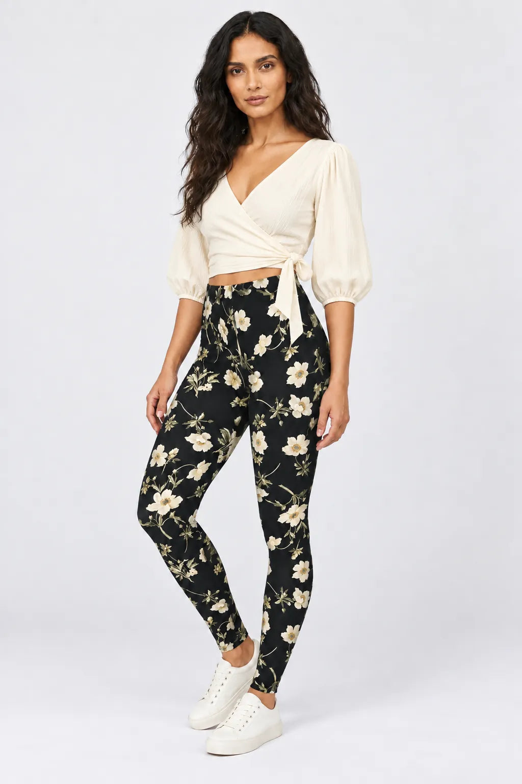 Botanical Noir Leggings in Ivory Vine — full-length three-quarter view #print_ivory-vine