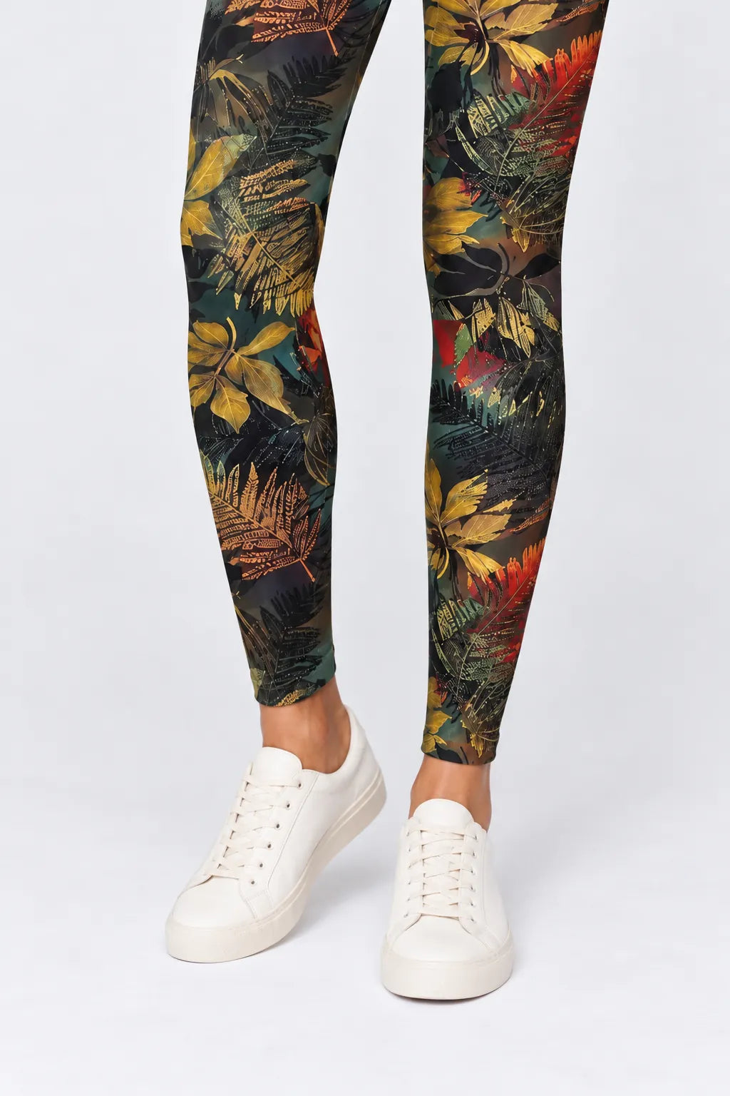 Botanical Noir Leggings in Amber Foliage — lower-leg and ankle-hem detail #print_amber-foliage