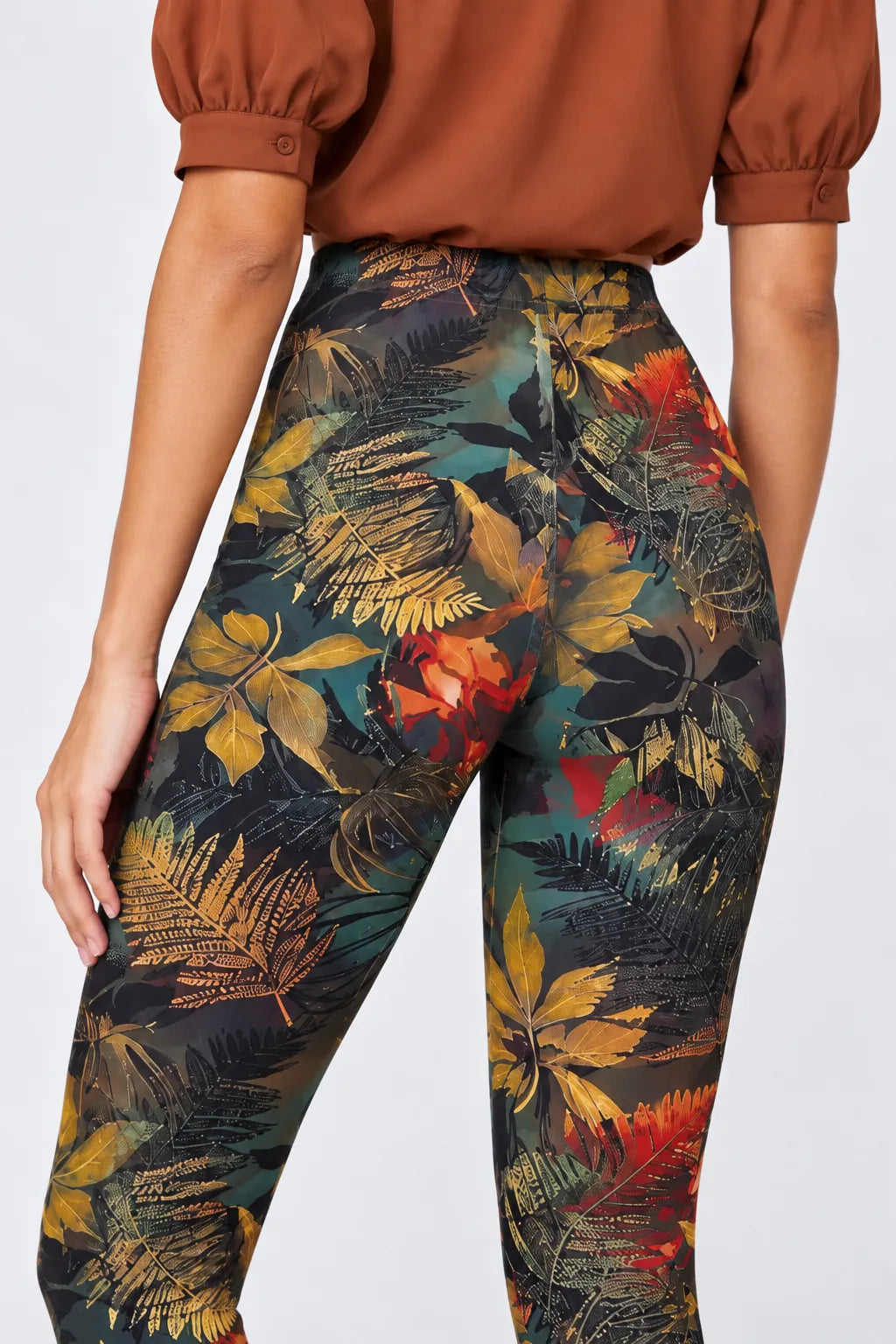 Botanical Noir Leggings in Amber Foliage — rear waistband and seat detail #print_amber-foliage