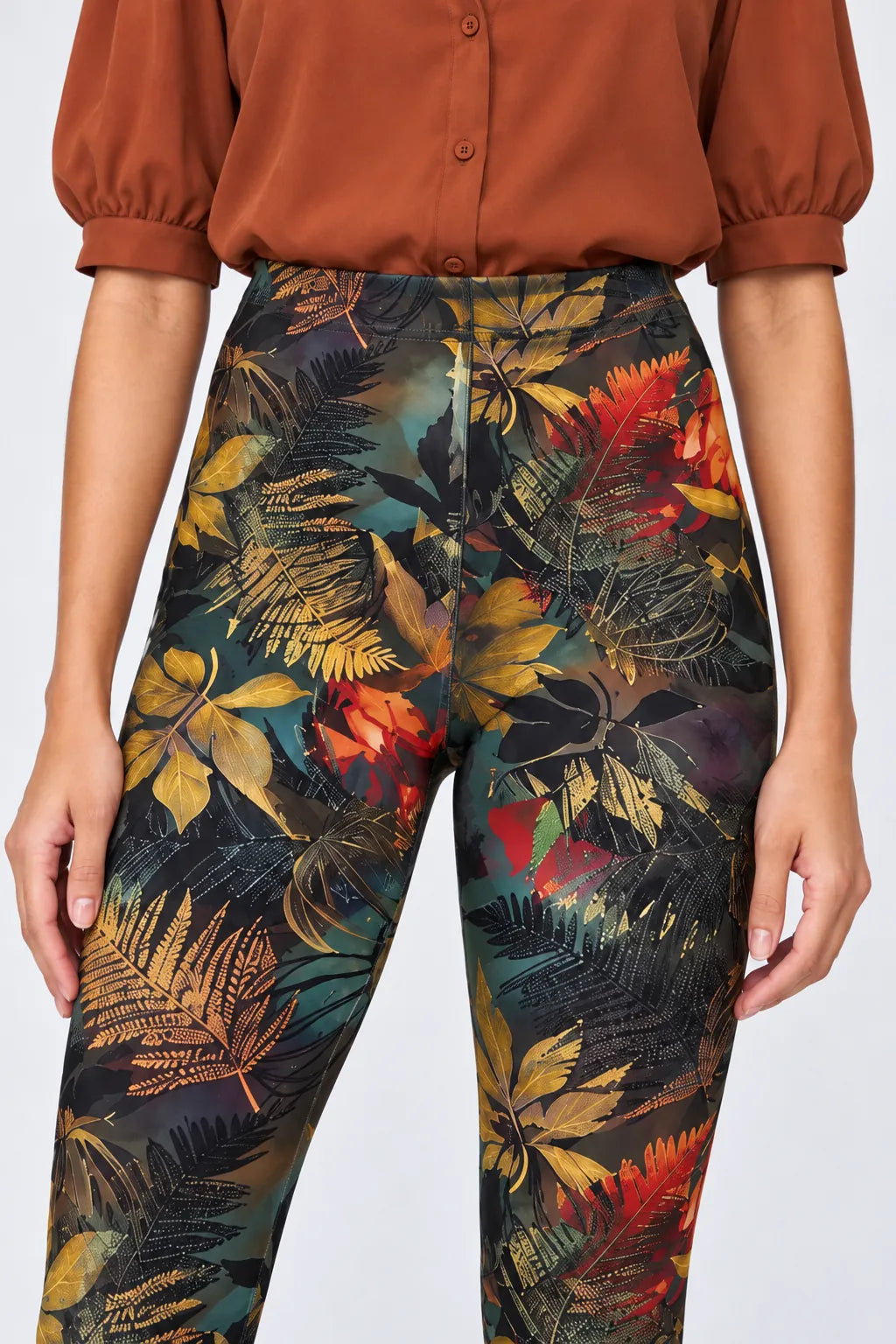 Botanical Noir Leggings in Amber Foliage — front waistband and upper-fit detail #print_amber-foliage