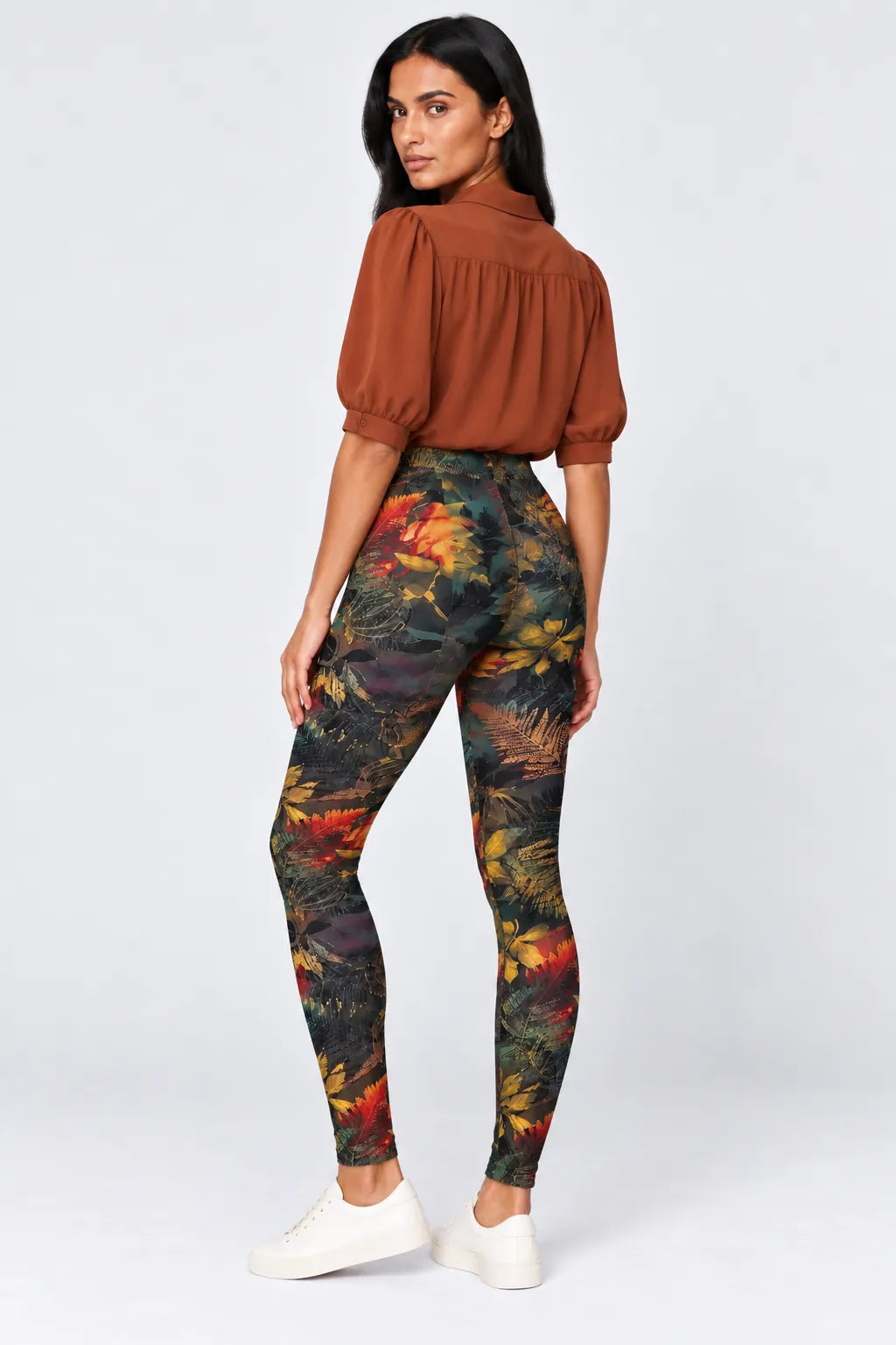 Botanical Noir Leggings in Amber Foliage — full-length rear view #print_amber-foliage