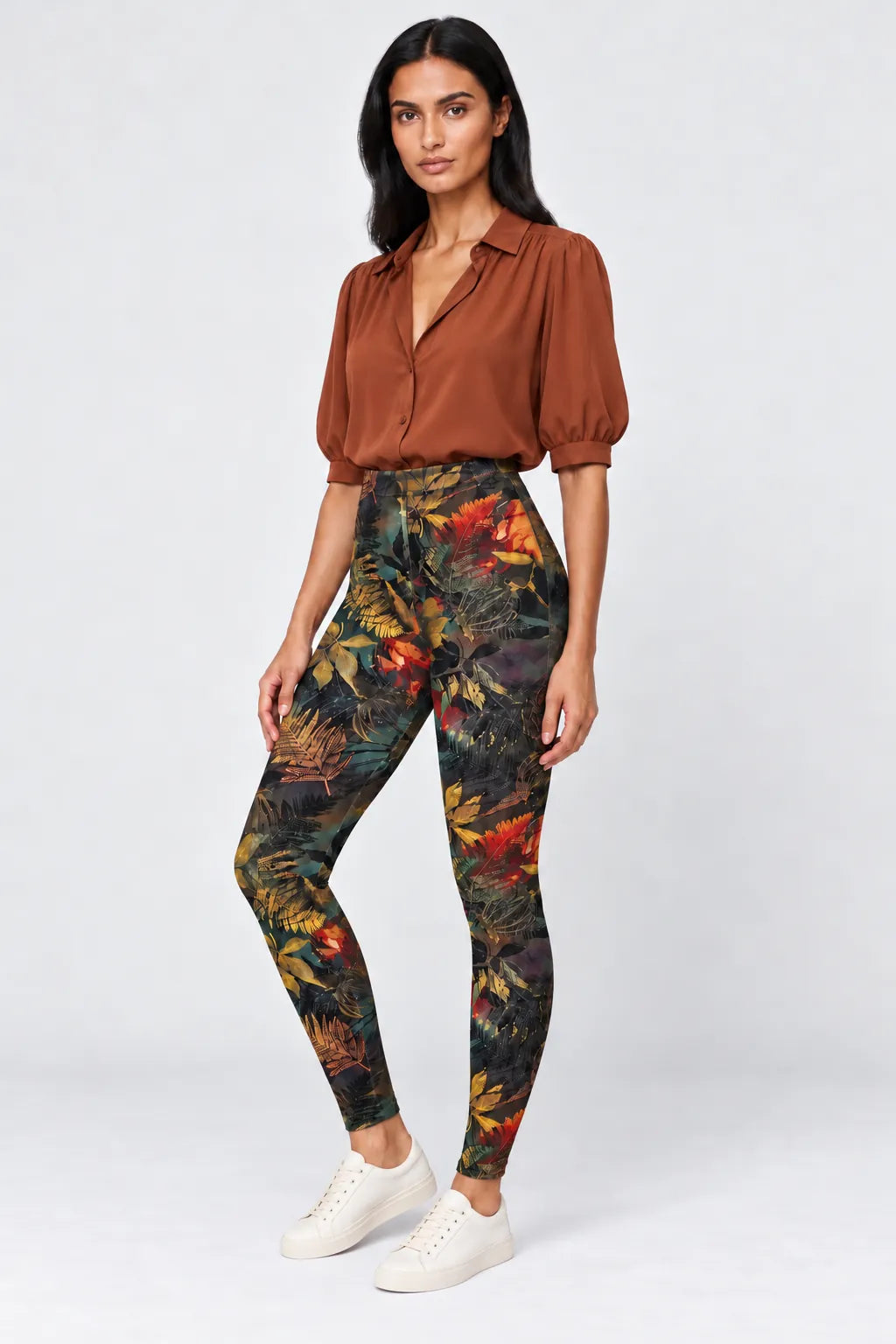 Botanical Noir Leggings in Amber Foliage — full-length three-quarter view #print_amber-foliage