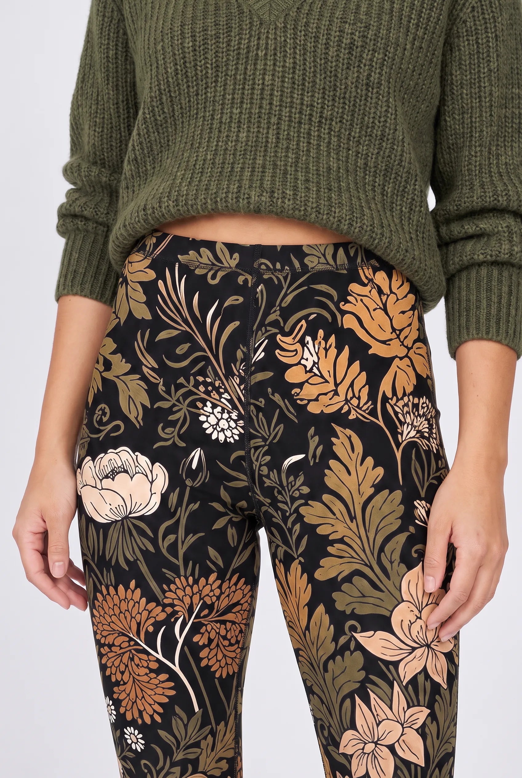 Botanical Noir Leggings in Antique Botanical — front waistband and upper-fit detail #print_antique-botanical
