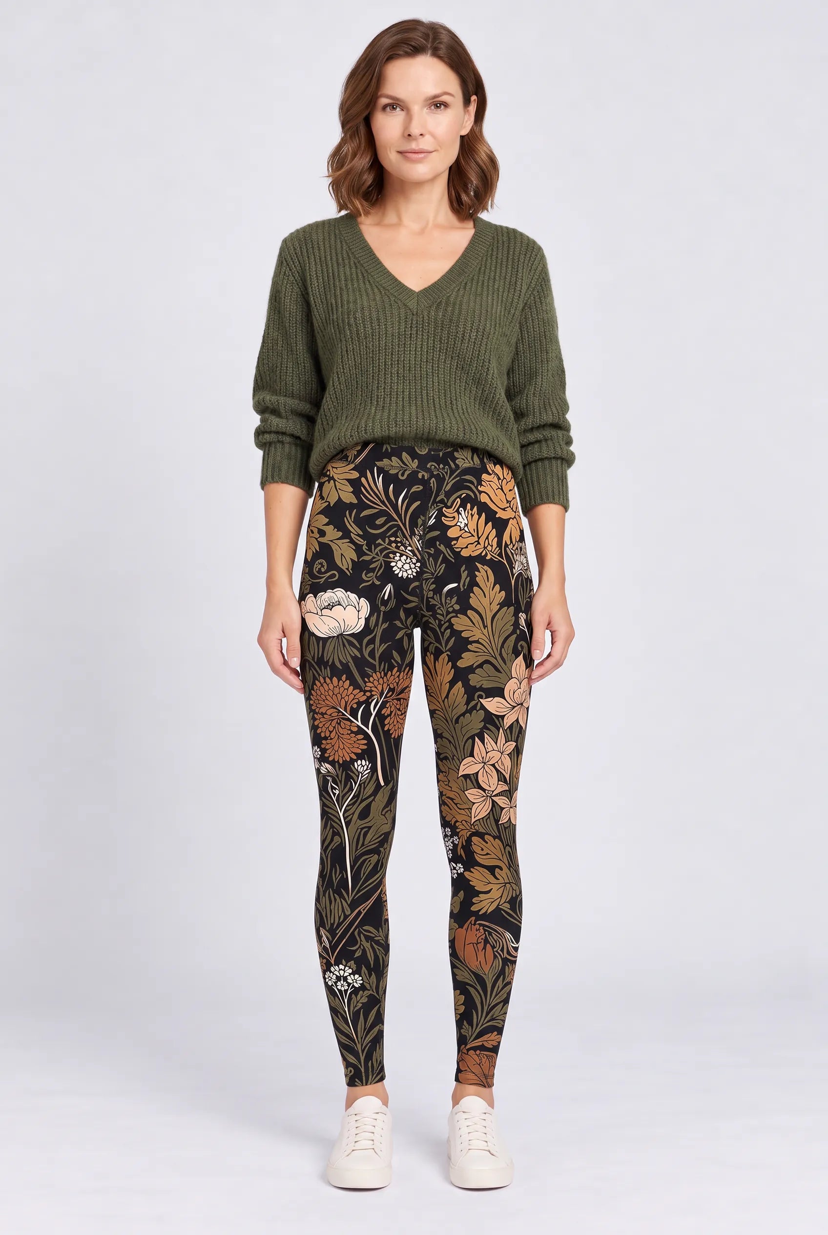 Botanical Noir Leggings in Antique Botanical — full-length front view #print_antique-botanical