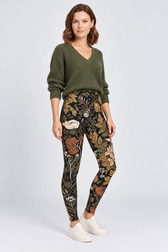 Botanical Noir Leggings in Antique Botanical — full-length three-quarter view #print_antique-botanical