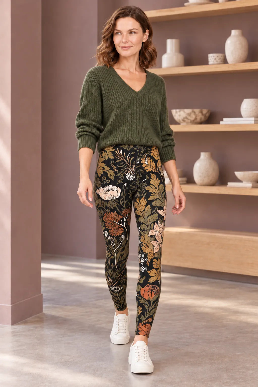 Botanical Noir leggings styled with an olive knit and ivory sneakers