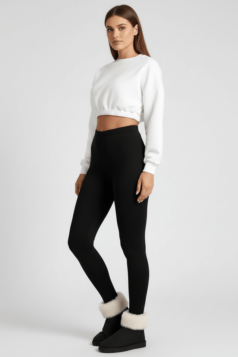 3/4 angle full-length view, woman wearing black CozyTherm™ leggings B#color_black