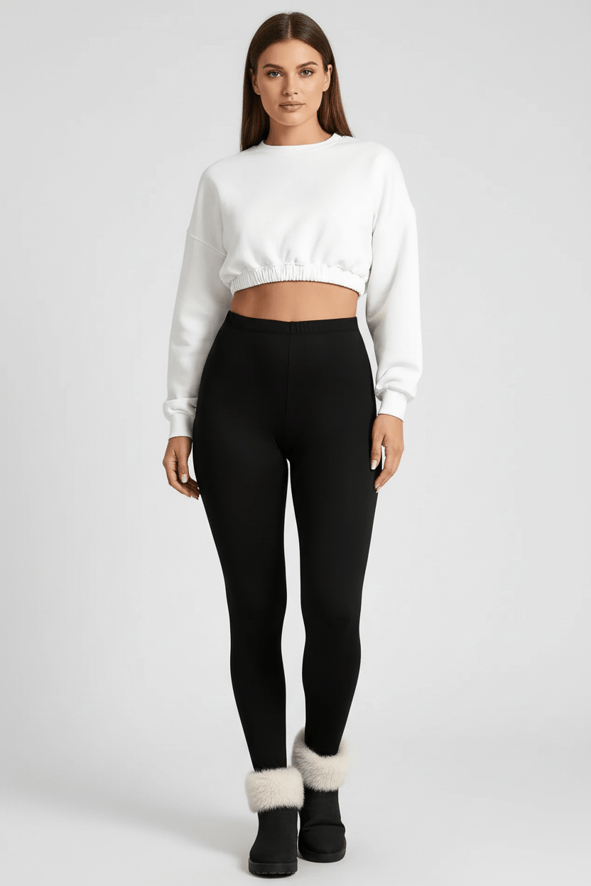 Front full-length view, woman wearing black CozyTherm™ leggings in neutral pose A#color_black