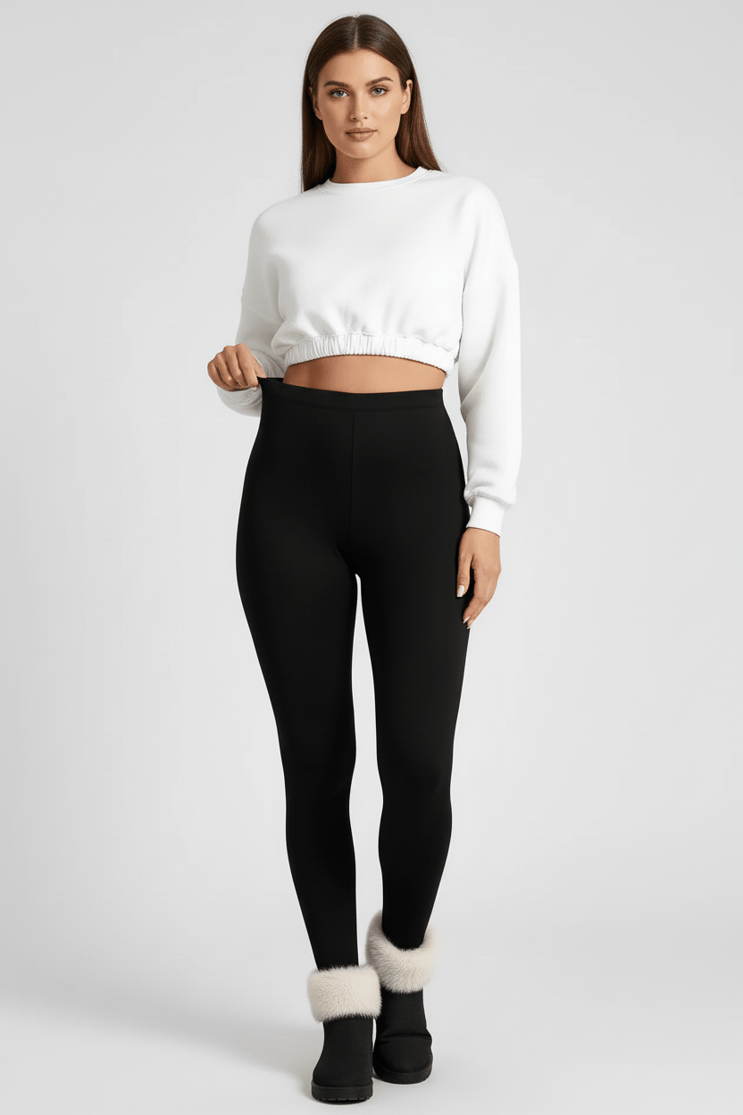 Stretch pose showing movement and fabric stretch, black CozyTherm™ leggings G#color_black