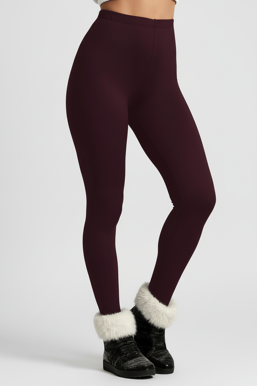 Close-up of lower leg and ankle, maroon CozyTherm™ leggings fabric detail F#color_maroon