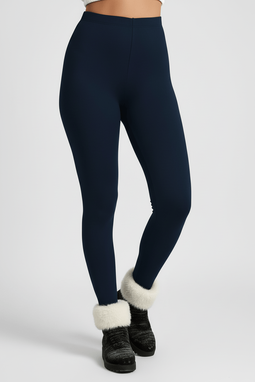 Close-up of lower leg and ankle, navy CozyTherm™ leggings fabric detail F#color_navy