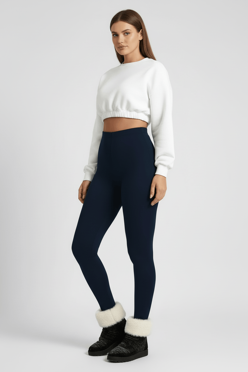 3/4 angle full-length view, woman wearing navy CozyTherm™ leggings B#color_navy