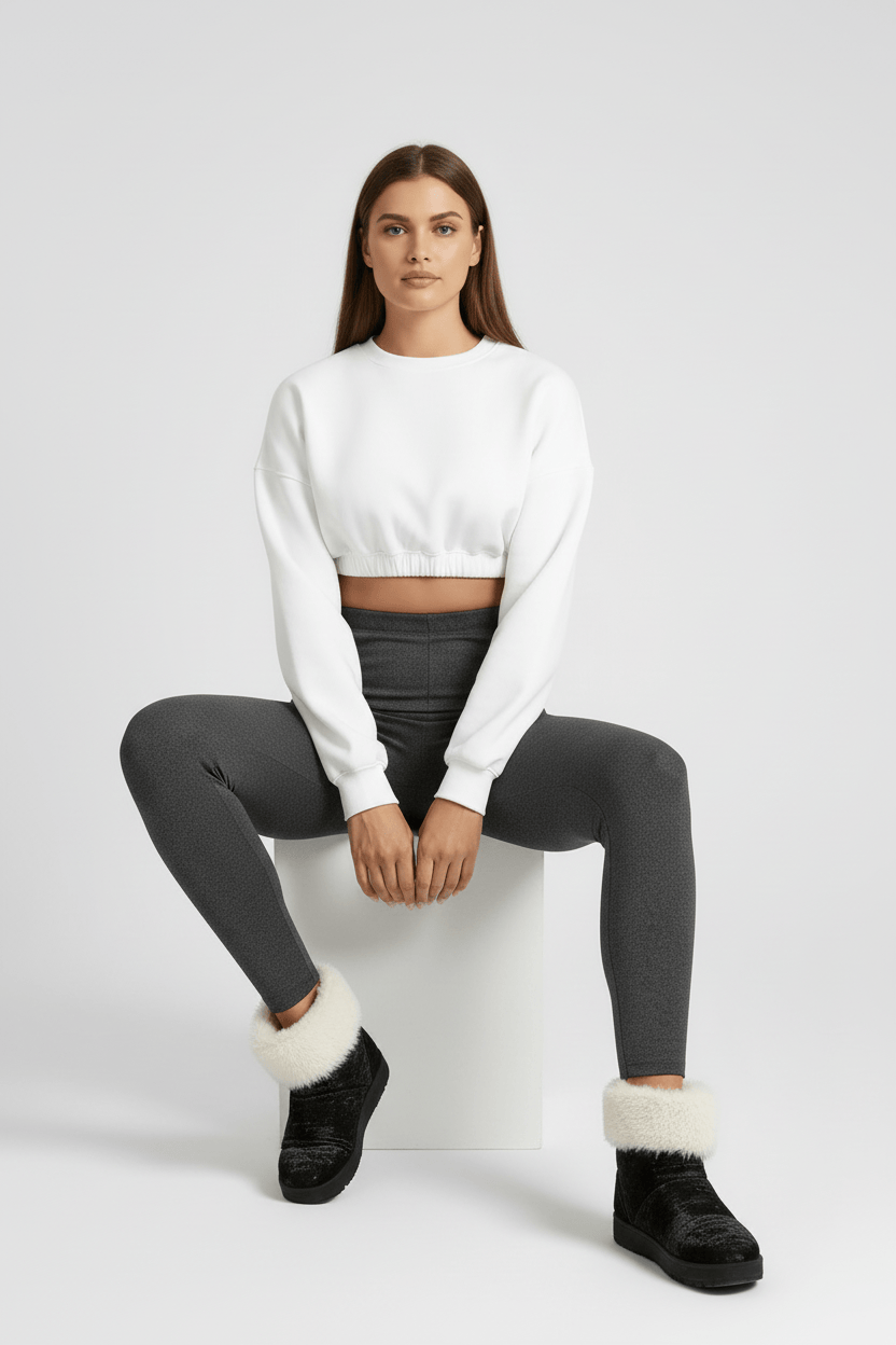 Seated casual pose, woman wearing charcoal CozyTherm™ leggings H#color_charcoal