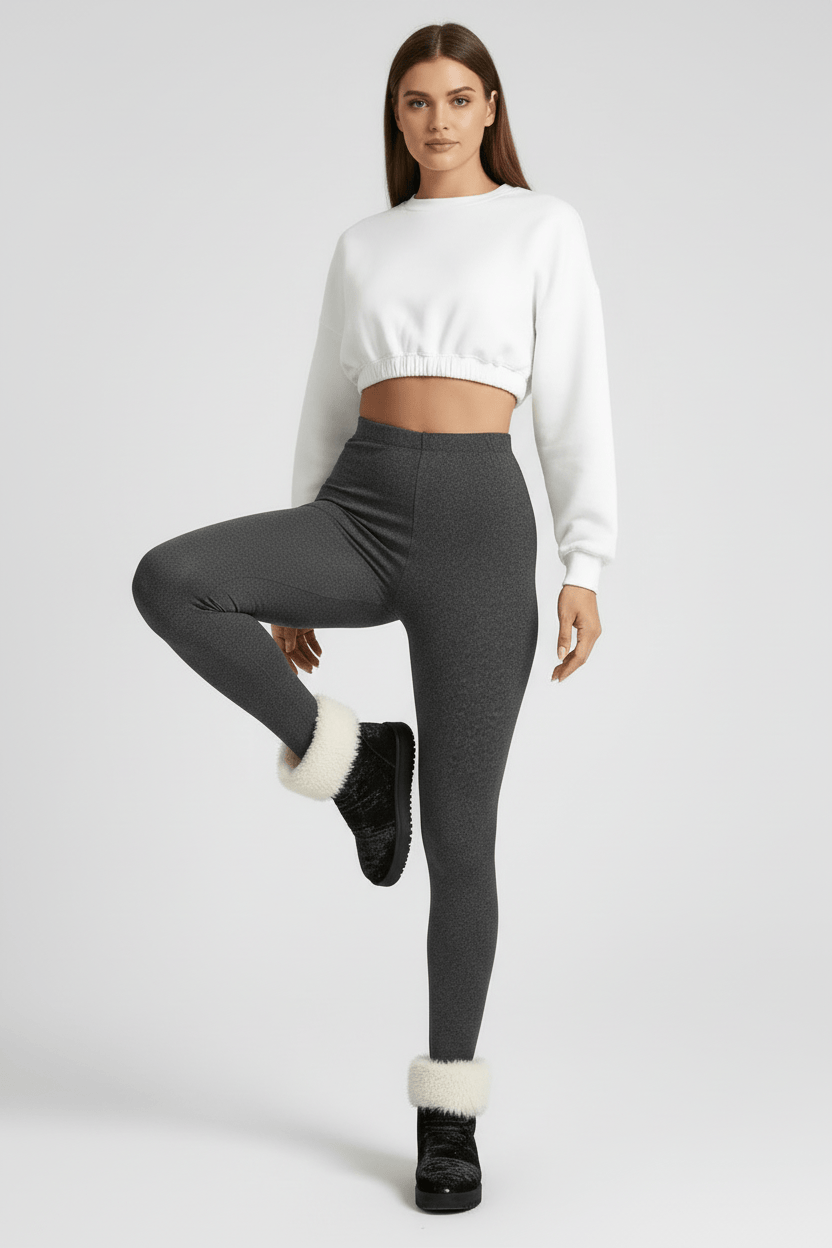 Stretch pose showing movement and fabric stretch, charcoal CozyTherm™ leggings G#color_charcoal