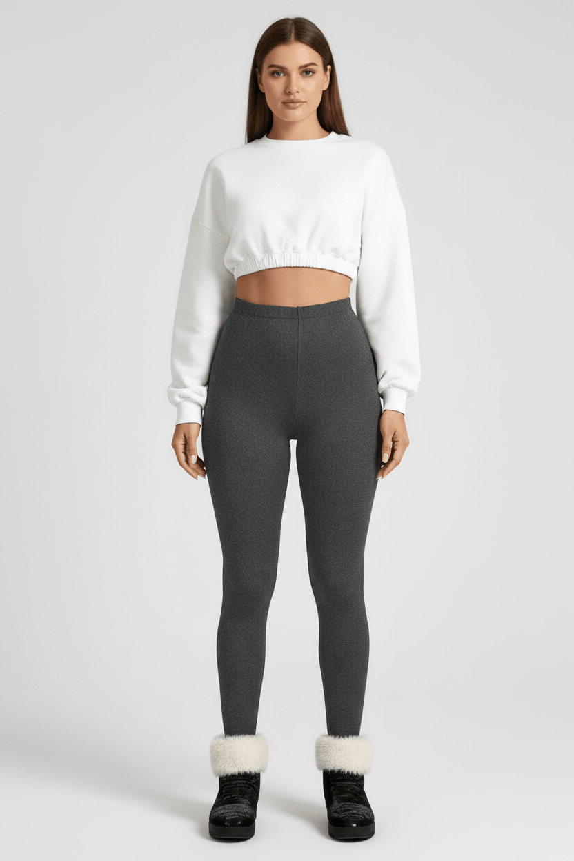 Front full-length view, woman wearing charcoal CozyTherm™ leggings in neutral pose A#color_charcoal