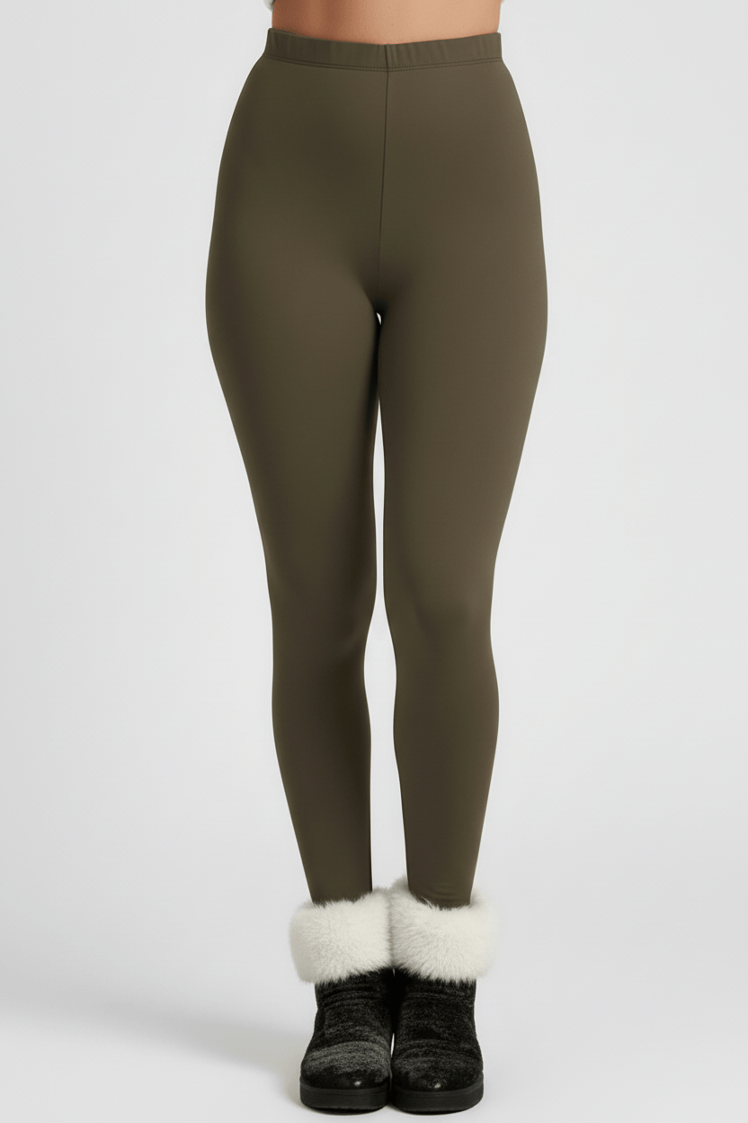 Close-up of lower leg and ankle, olive CozyTherm™ leggings fabric detail F#color_olive