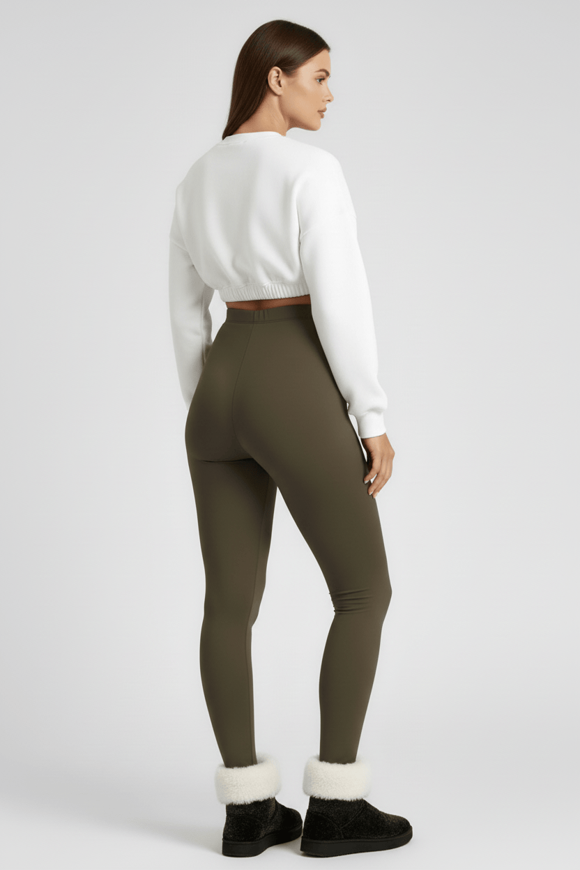 Back 3/4 full-length view, woman wearing olive CozyTherm™ leggings D#color_olive