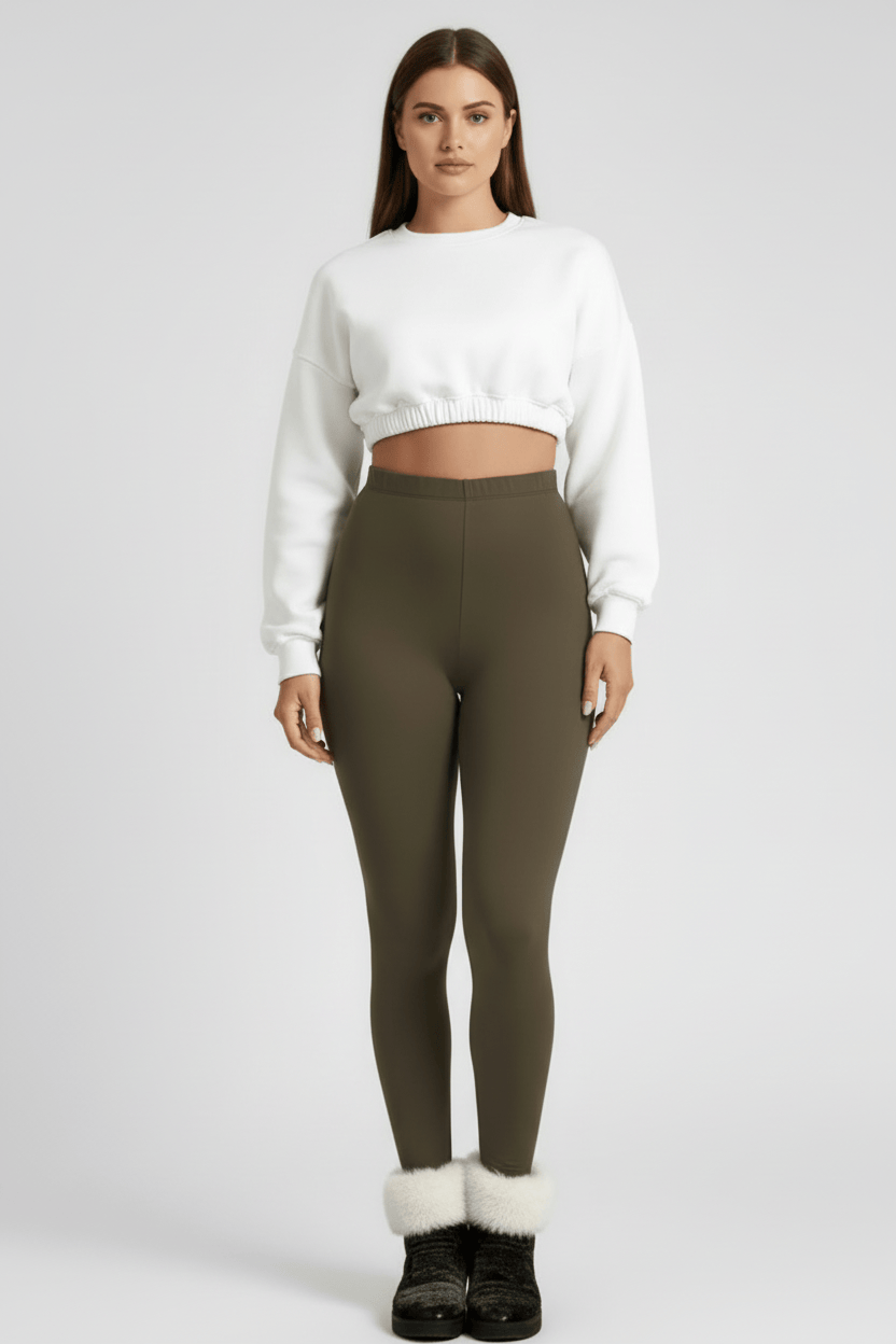 Front full-length view, woman wearing olive CozyTherm™ leggings in neutral pose A#color_olive