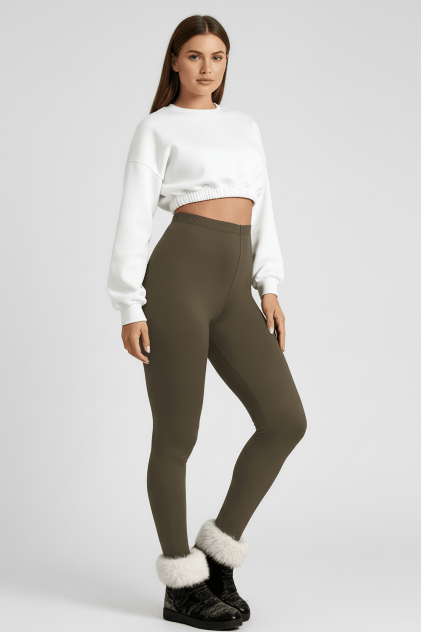 3/4 angle full-length view, woman wearing olive CozyTherm™ leggings B#color_olive
