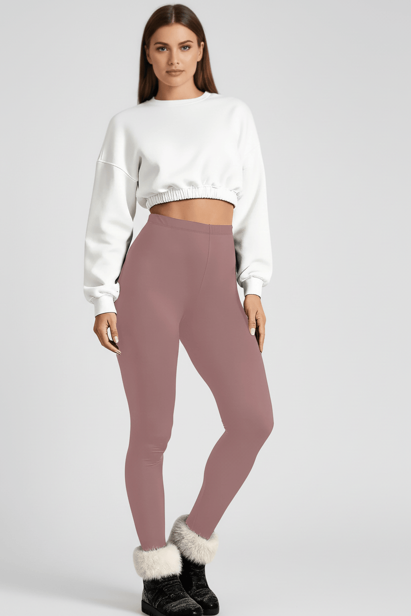 3/4 angle full-length view, woman wearing rose pink CozyTherm™ leggings B#color_rose-pink