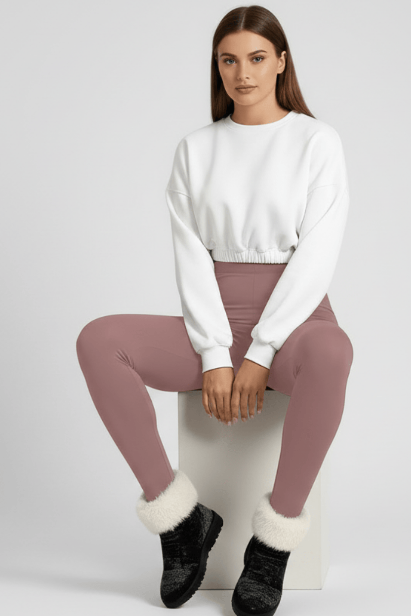 Seated casual pose, woman wearing rose pink CozyTherm™ leggings H#color_rose-pink