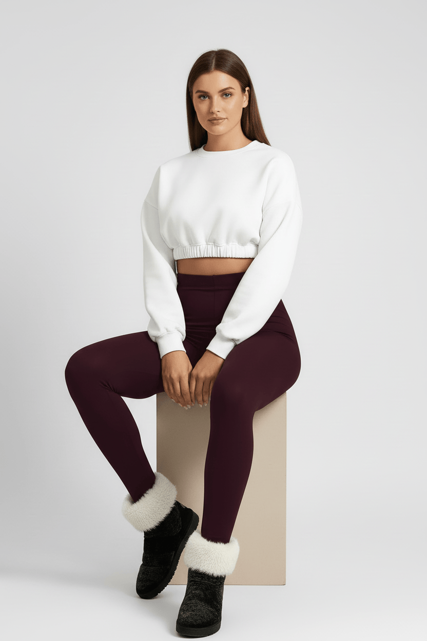Seated casual pose, woman wearing maroon CozyTherm™ leggings H#color_maroon