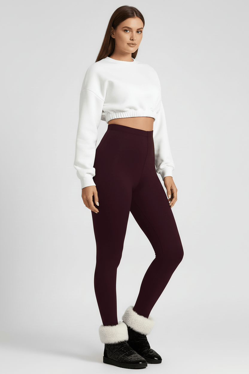 3/4 angle full-length view, woman wearing maroon CozyTherm™ leggings B#color_maroon