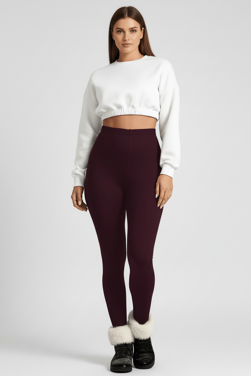 Front full-length view, woman wearing maroon CozyTherm™ leggings in neutral pose A#color_maroon