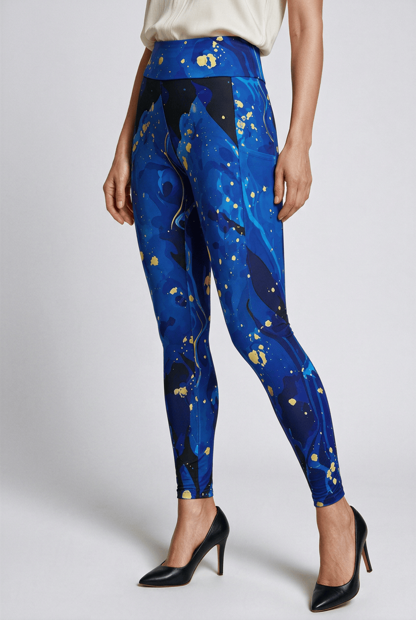 Gilded Tide Pocket Leggings in Cobalt Blue, close-up of the ankle hem and flowing print with gold-toned accents. F#color_cobalt-blue