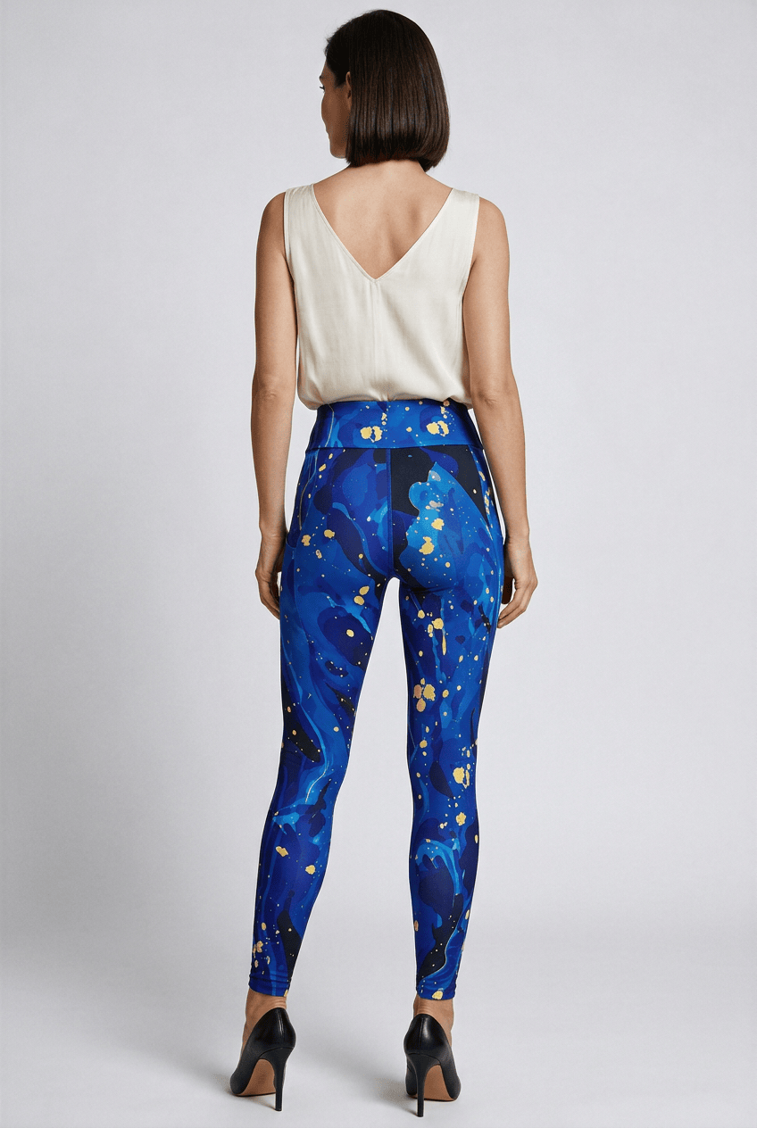 Gilded Tide Pocket Leggings in Cobalt Blue, back view showing the high-rise waist and abstract print. C#color_cobalt-blue