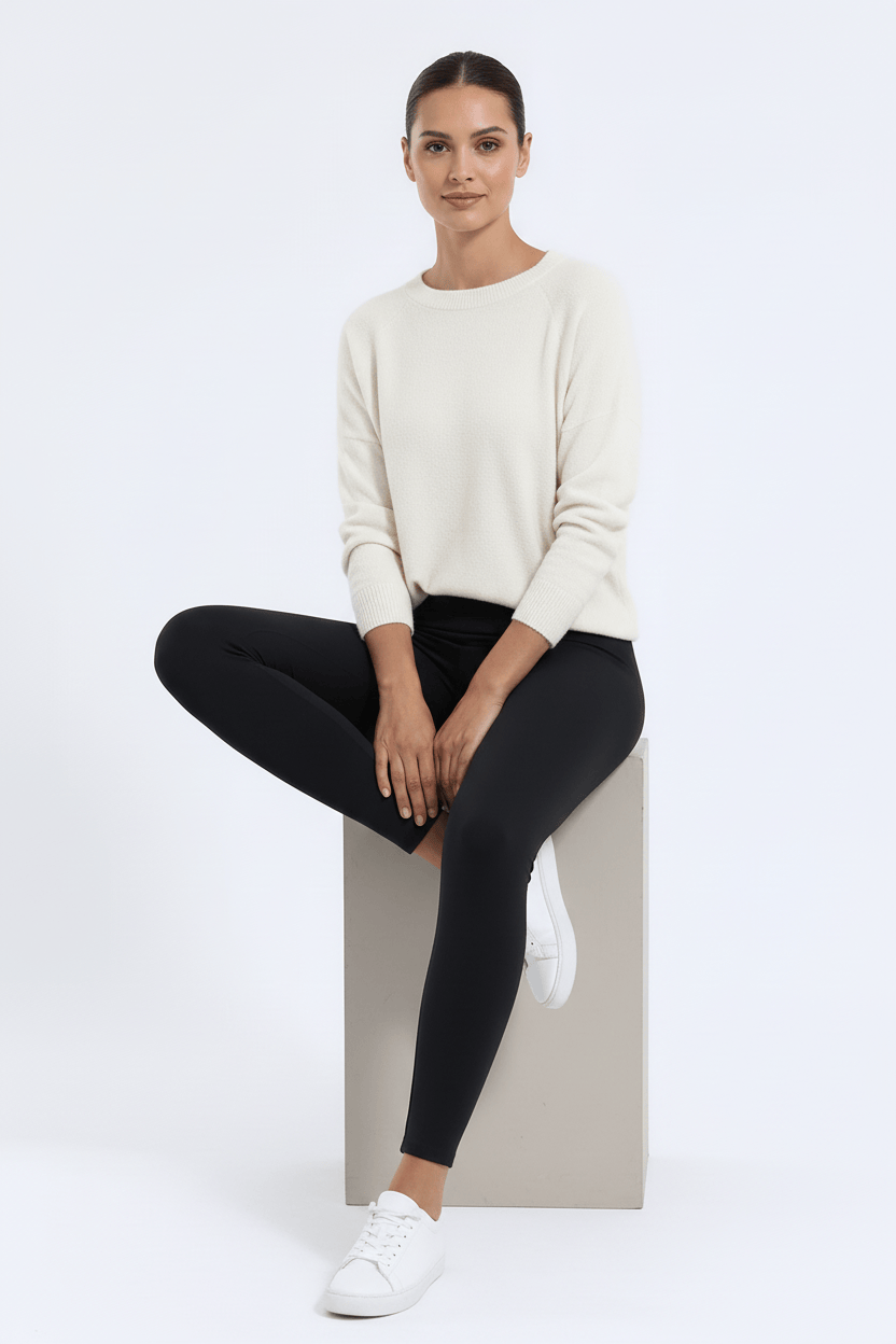 TeddySherpa™ Ultra-Cozy High-Rise Yoga Band Leggings in Black, seated casual pose I#color_black