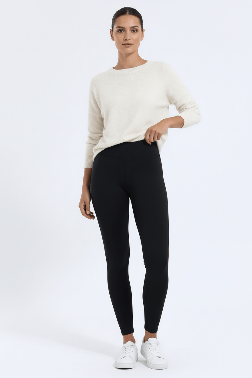 TeddySherpa™ Ultra-Cozy High-Rise Yoga Band Leggings in Black, gentle stretch pose showing comfort H#color_black