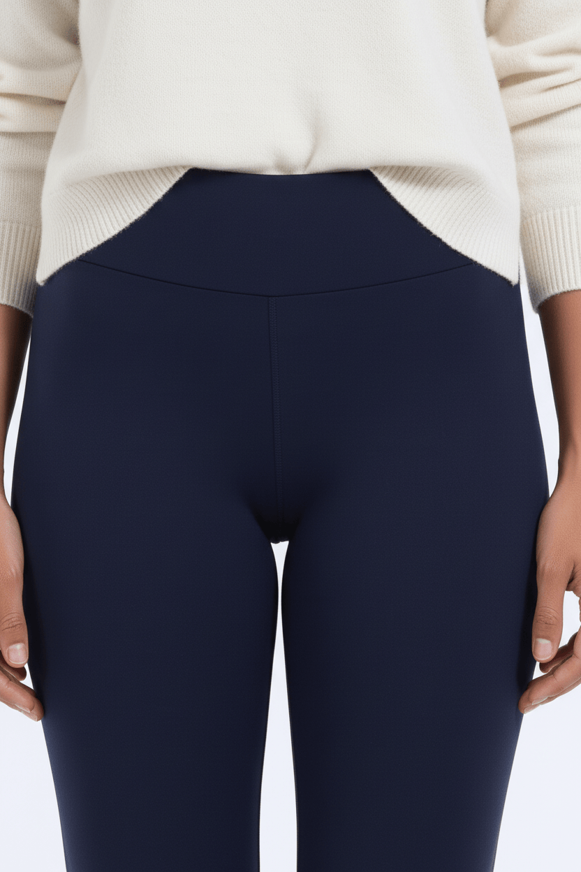 TeddySherpa™ Ultra-Cozy High-Rise Yoga Band Leggings in Navy, close-up waistband with tummy/hip area fit F#color_navy
