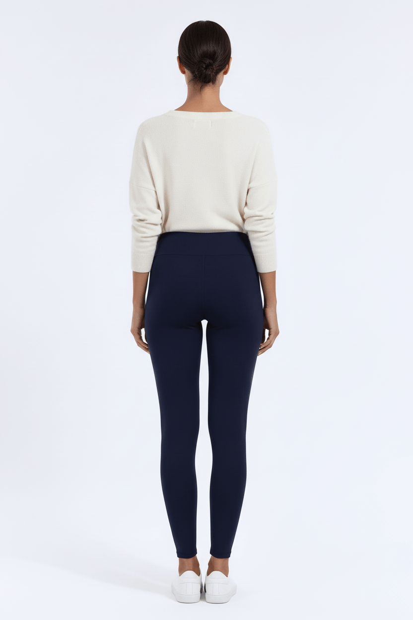 TeddySherpa™ Ultra-Cozy High-Rise Yoga Band Leggings in Navy, back 3/4 view, full-length E#color_navy