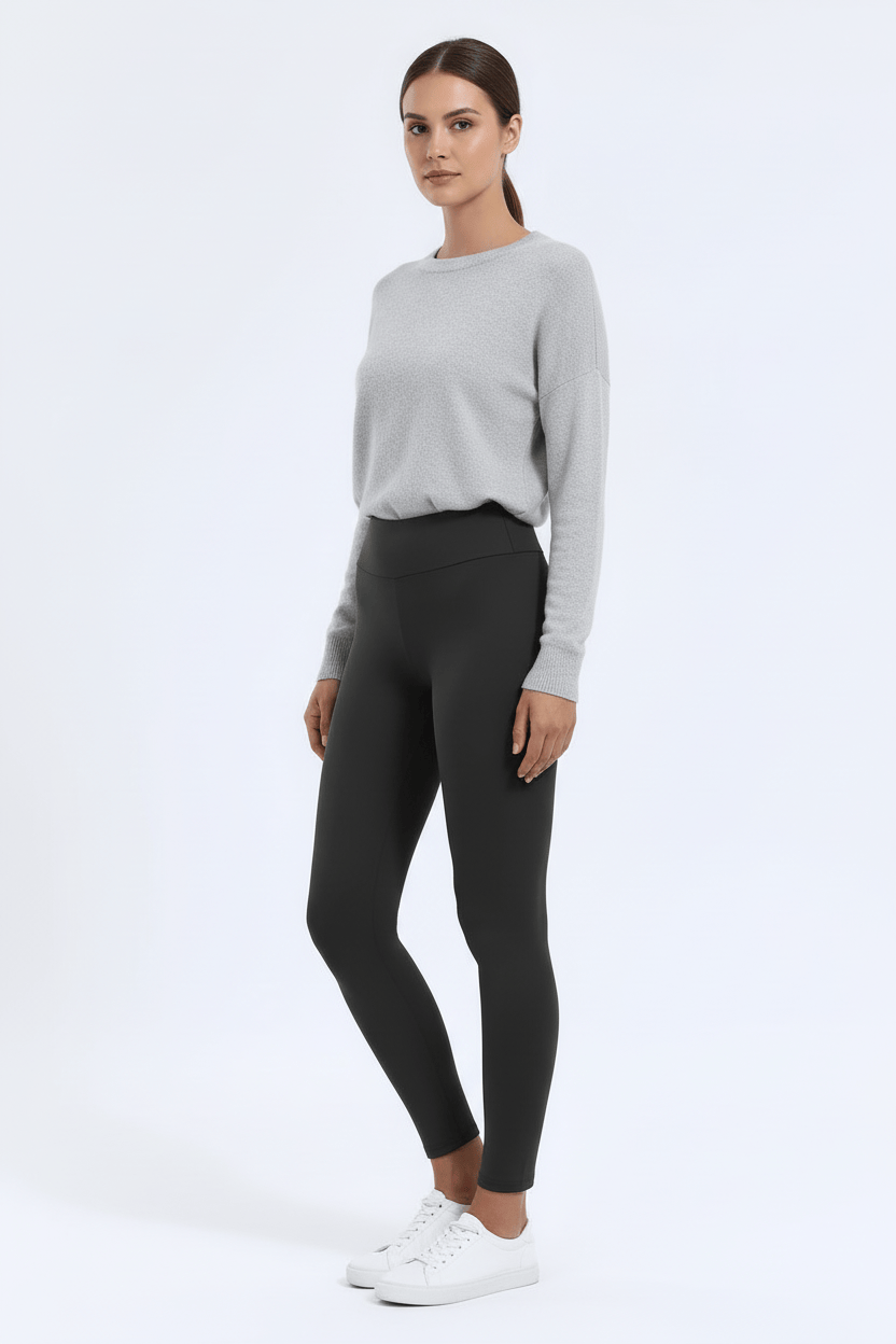 TeddySherpa™ Ultra-Cozy High-Rise Yoga Band Leggings in Charcoal, 3/4 angle, full-length B#color_charcoal