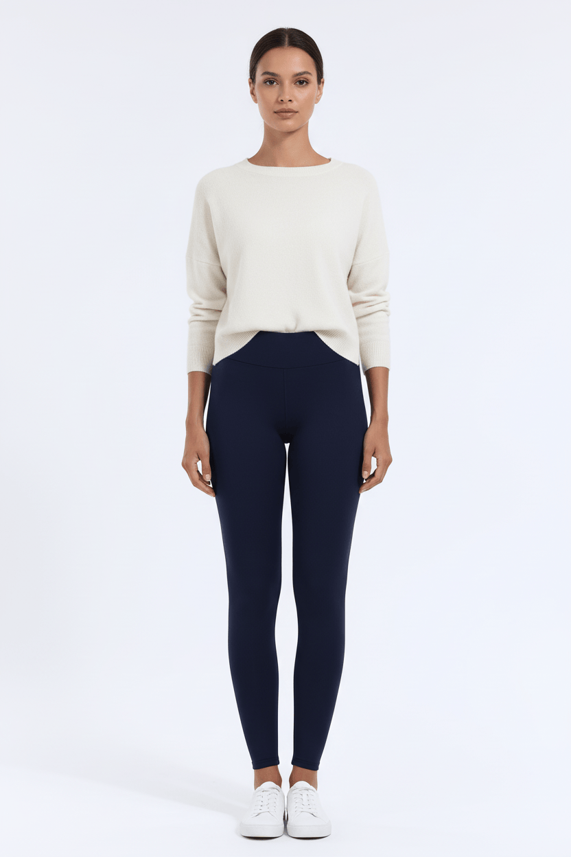 TeddySherpa™ Ultra-Cozy High-Rise Yoga Band Leggings in Navy, front view, full-length, neutral pose A#color_navy