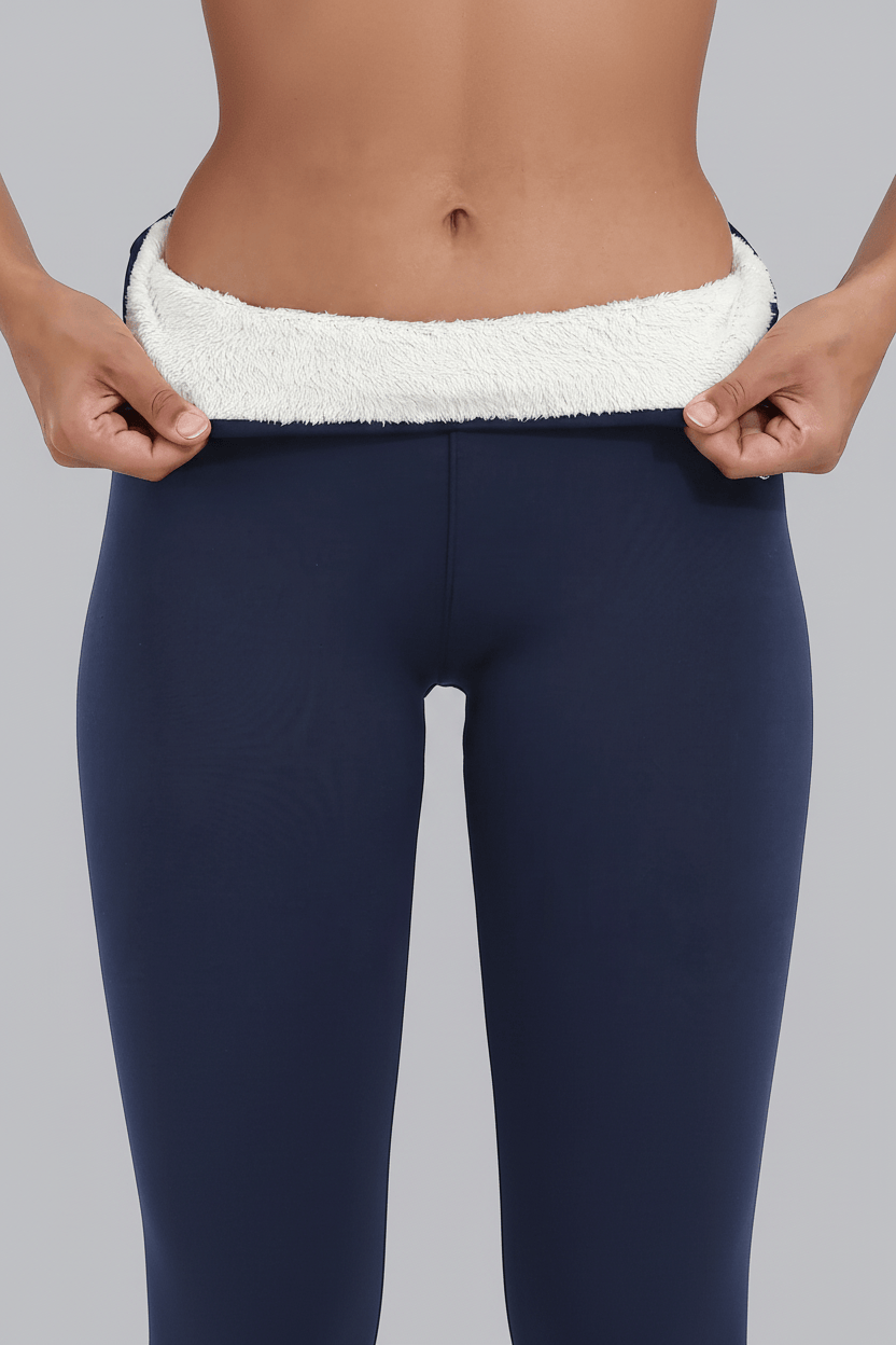 TeddySherpa™ Ultra-Cozy High-Rise Yoga Band Leggings in Navy, close-up waist fold-over pull showing plush lining (proof image) C#color_navy