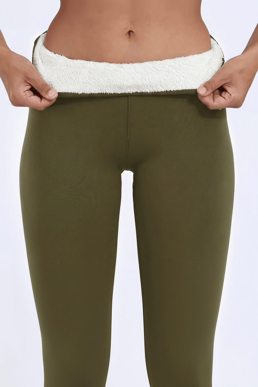 TeddySherpa™ Ultra-Cozy High-Rise Yoga Band Leggings in Cocoa Olive, close-up waist fold-over pull showing plush lining (proof image) C#color_cocoa-olive